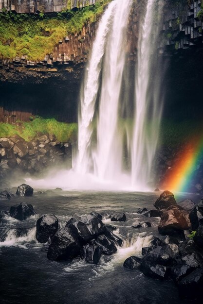 rainbow on the side of a waterfall