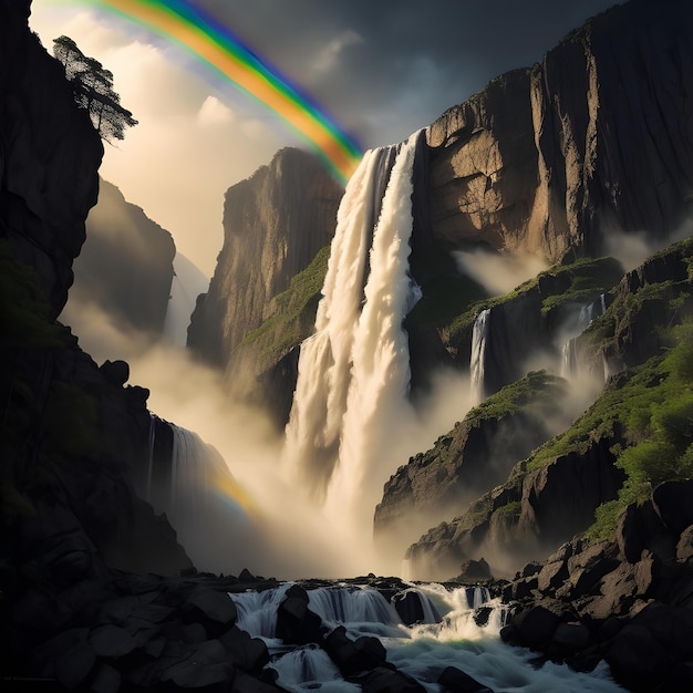 Rainbow over the Skogafoss waterfall in Iceland Europe ai generated