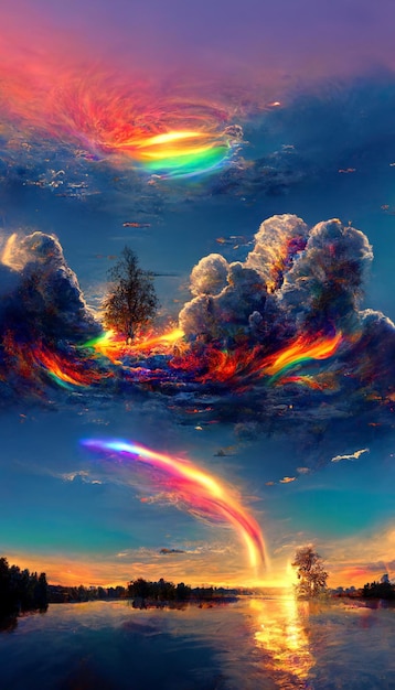 水生成 ai の体の上の空の虹