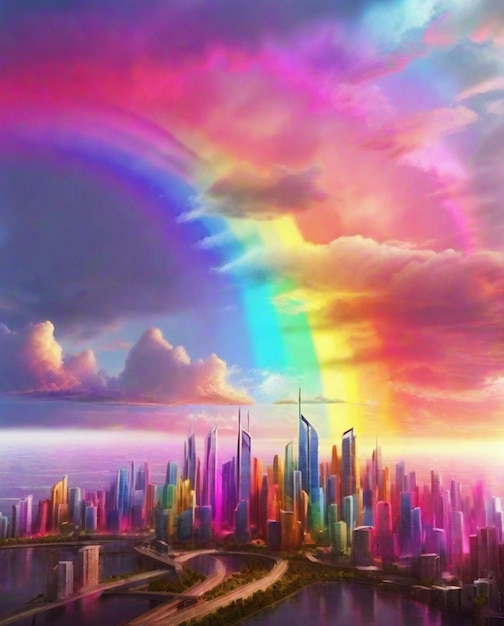 Photo rainbow sky in city building concept