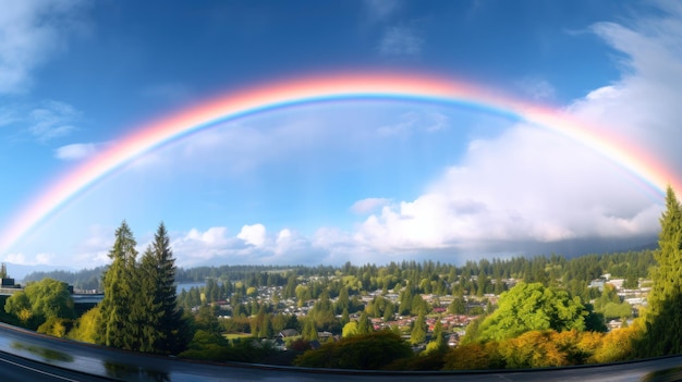 Rainbow in sky over the city generative ai