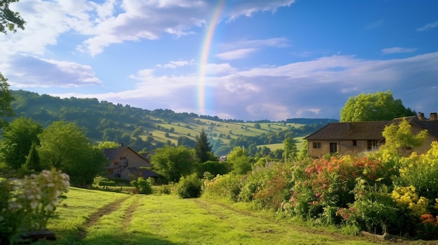 Rainbow on sky countryside village flowers in garden on horizon village house cabin and hills