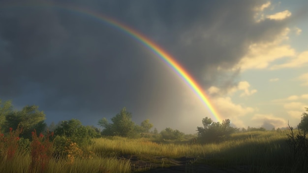 A rainbow in the sky over a field of grass and trees