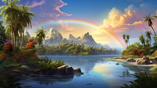 Premium AI Image | a rainbow in the sky over a lake