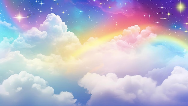 Photo rainbow sky wallpaper with clouds and stars in the style of opacity and translucency