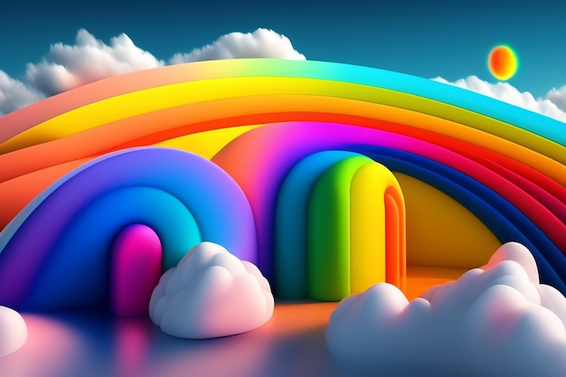 A rainbow in the sky with a blue sky and clouds.