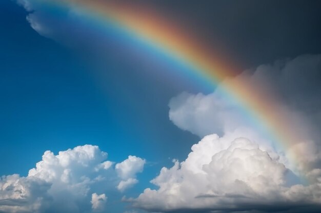 A rainbow in the sky with clouds and a blue sky