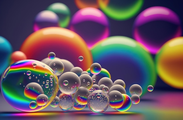 Rainbow soap bubbles Multicolored glass balls Bright abstract background 3D rendering Generative AI