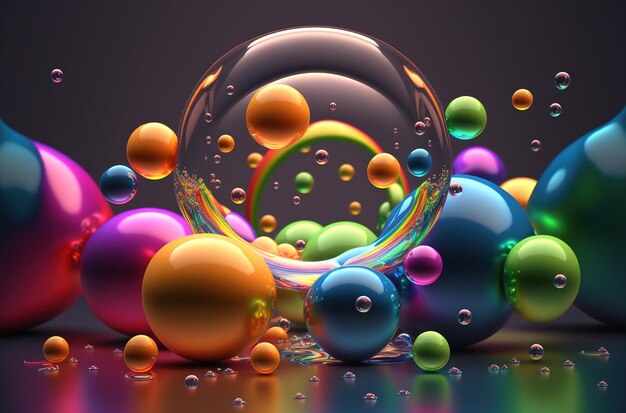 Rainbow soap bubbles Multicolored glass balls Bright abstract background 3D rendering Generative AI