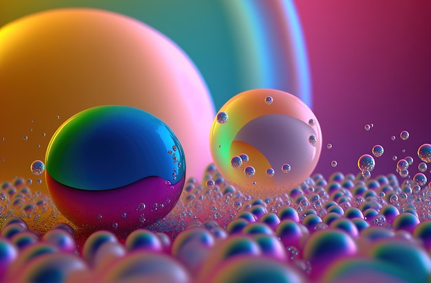 Rainbow soap bubbles Multicolored glass balls Bright abstract background 3D rendering Generative AI