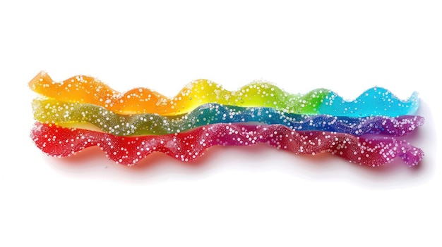 Rainbow sour jelly candy strip in sugar sprinkles isolated over white background Top view