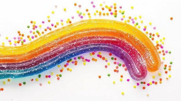 Rainbow sour jelly candy strip in sugar sprinkles isolated over white background Top view