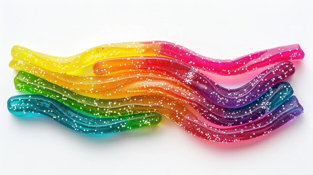 Rainbow sour jelly candy strip in sugar sprinkles isolated over white background Top view