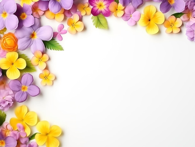 Rainbow of spring flowers background with copy space on a white canvas