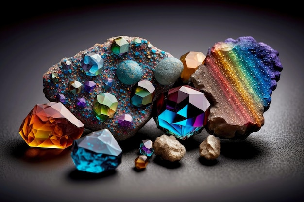 小さな鉱物とまれな明るくもろい結晶を含む虹色の石