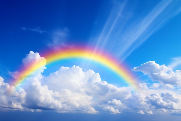 Rainbow stretching across a dramatic sky after a storm