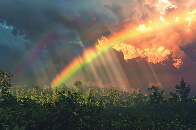 A rainbow stretching across the sky after a storm