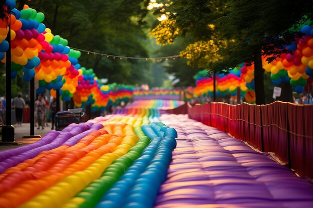 Photo rainbow stretching over a row of colorful parade floats