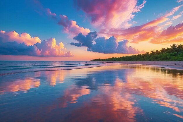 Rainbow at sunset on blue pink sky yellow clouds skyline water sea reflection beautiful landscape background summer nature landscape