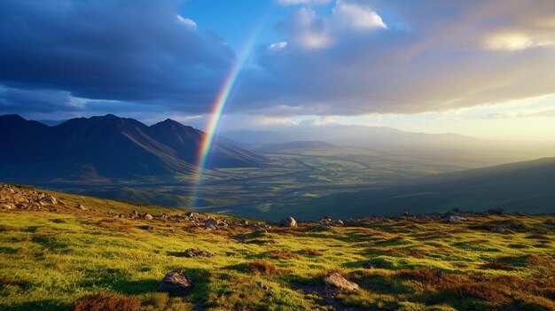Rainbow on sunset sky across a stunning vista landscapemountains wild flowers