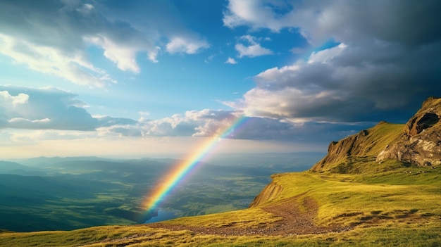 Rainbow on sunset sky across a stunning vista landscapemountains wildflowers sun flares