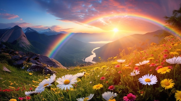 rainbow on sunset sky across a stunning vista landscapemountains wildflowers sun flares