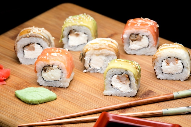 Rainbow Sushi Roll with salmon and shrimps
