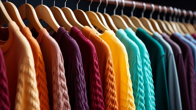 A rainbow of sweaters neatly arranged on hangers in a retail shop