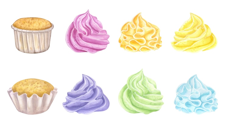 Photo rainbow sweet muffins banner set multicolored cupcakes sweet whipped cream desserts food clipart hand drawn watercolor illustration isolated on white background