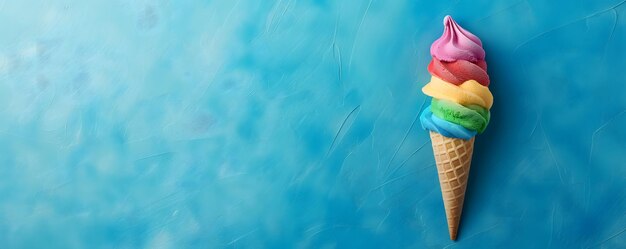 Foto il cono di gelato rainbow swirl su uno sfondo blu