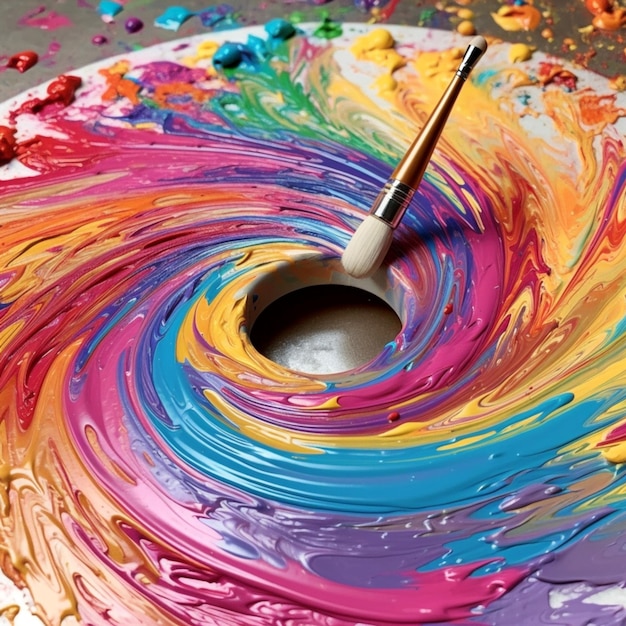 A rainbow swirl is being painted on a table.