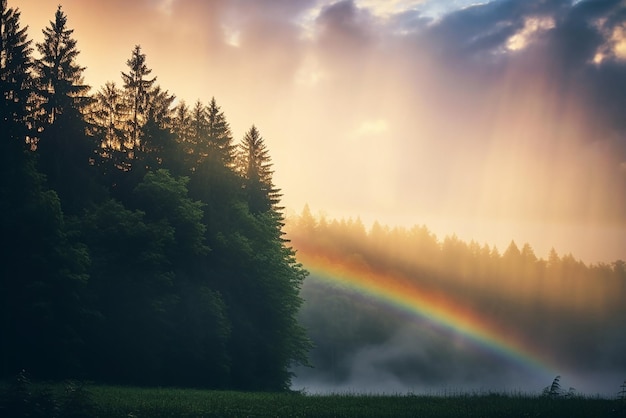 A rainbow that appears among the trees in the forest