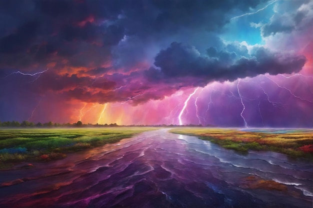 Rainbow Thunderstorm Background Colorful Stormy Sky Background Thunderstorm Sky Colorful Lightning AI Generative