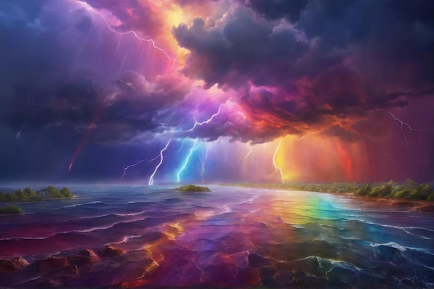 虹の雷雨の背景 カラフルな嵐の空の背景 雷雨の空 カラフルな稲妻 AI 生成