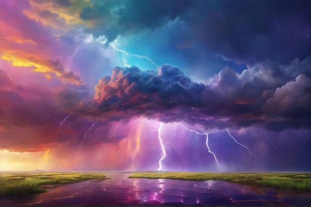 Rainbow Thunderstorm Background Colorful Stormy Sky Background Thunderstorm Sky Colorful Lightning AI Generative