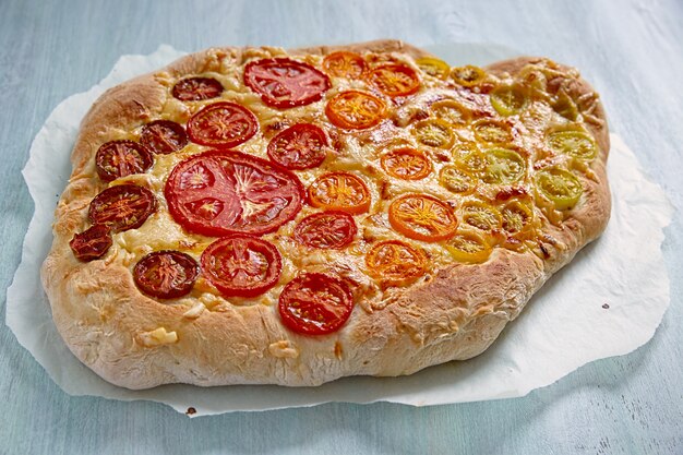 Rainbow tomato pizza