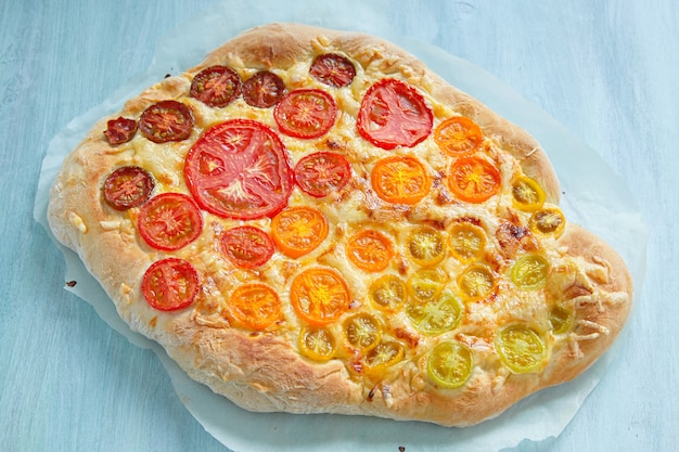 Rainbow tomato pizza