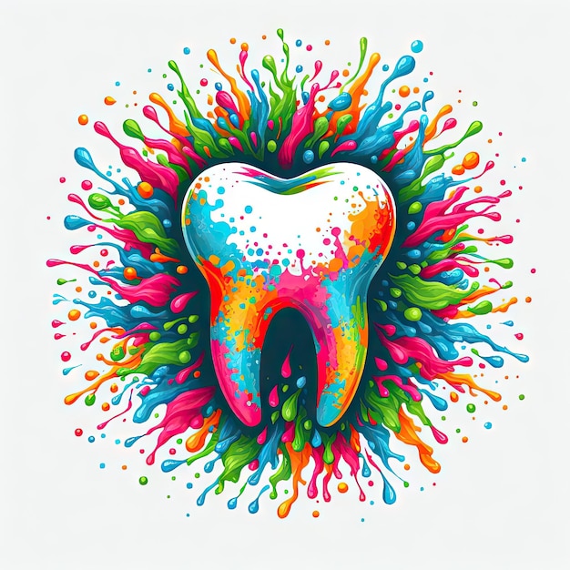 a rainbow tooth is painted with colorful splashes and the words toothpaste