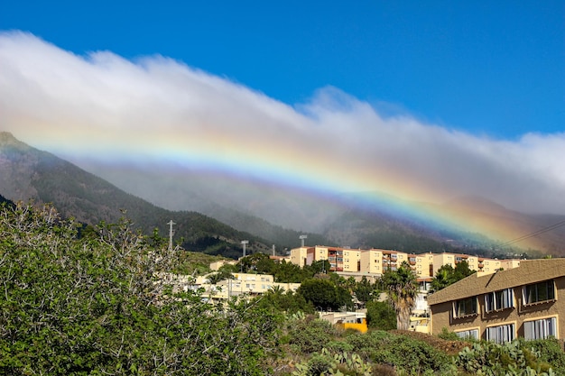 Rainbow over townscape against sky