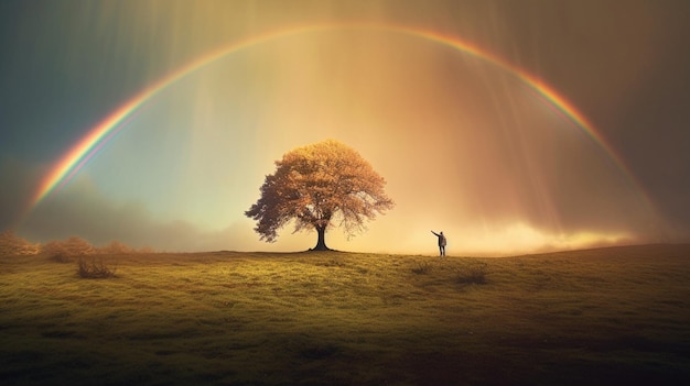 A rainbow over a tree with a man standing under it