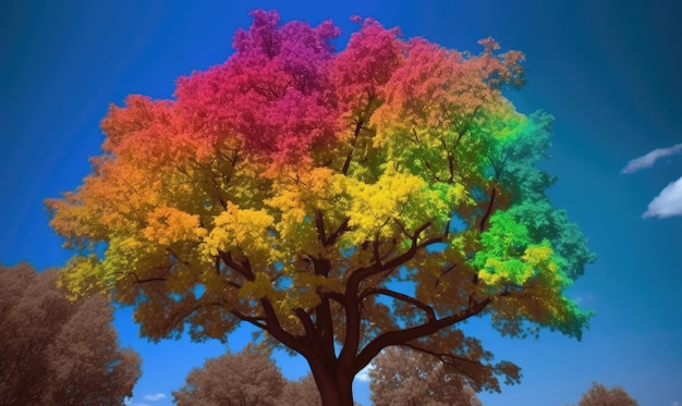 The rainbow trees create a mesmerizing scene in the forest Creating using generative AI tools