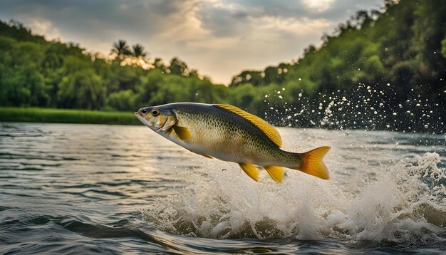 Photo a rainbow trout is flying through the air in the water