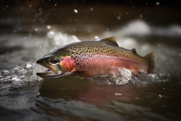 A rainbow trout is swimming in the water.