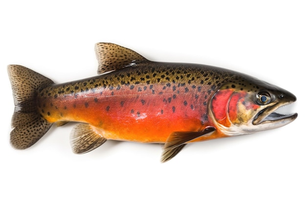 A rainbow trout is on a white background.