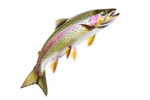 A rainbow trout leaps against a clean white background