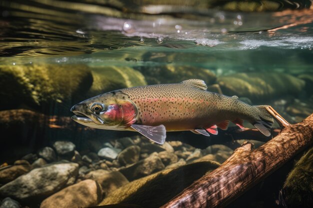 Rainbow trout swimming in clear freshwater stream with lush vegetation created with generative ai