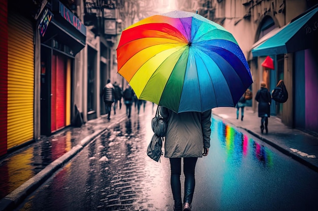 Rainbow umbrella in the hands of a woman walking down the street