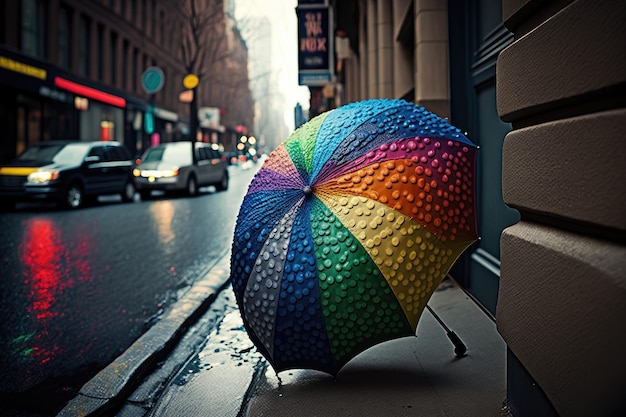 嵐の中の通りにある虹の傘