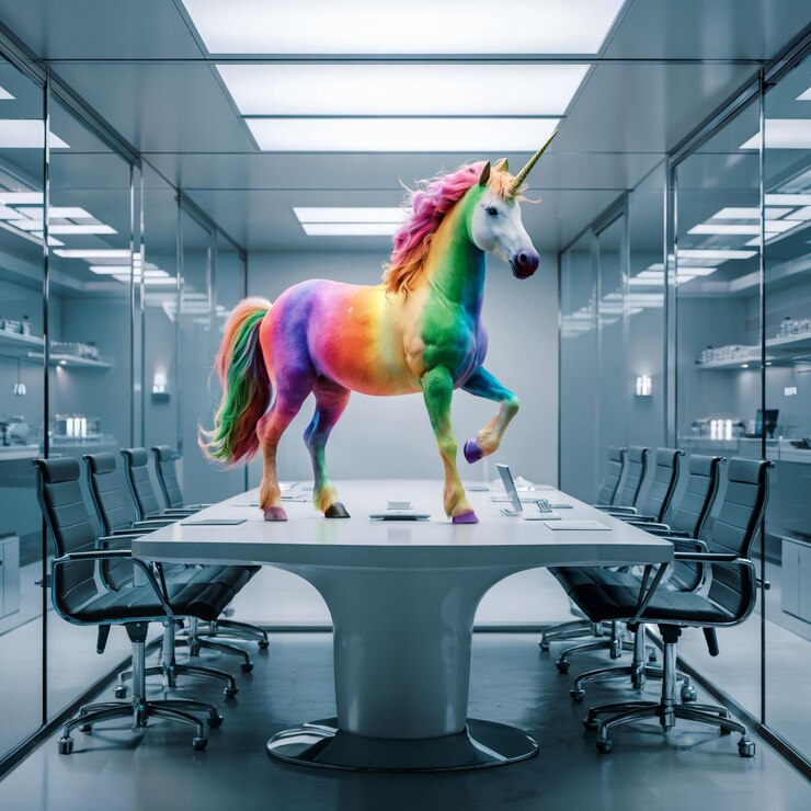 Photo a rainbow unicorn in a room with other office furniture