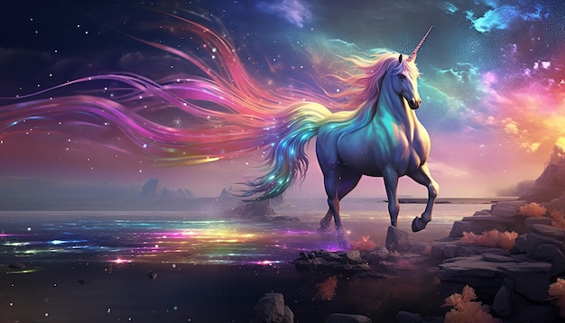 Foto l'unicorno arcobaleno che schizza nelle profondità di un mare illuminato dalla luna con argento